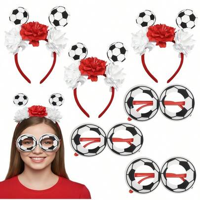 两件套足球头带和眼镜套装，适合在足球比赛现场加油助威、主题派对、节日装扮以及日常佩戴。啦啦队服采用足球主题设计，营造出绝佳的观赛氛围。弹性头带，适合成人佩戴。
