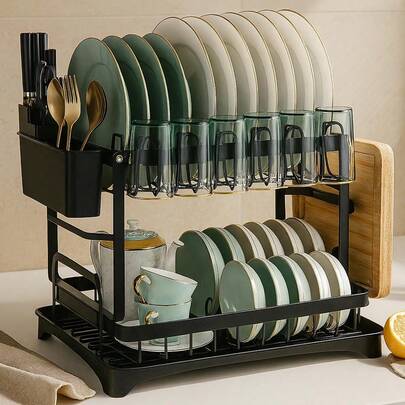 HanTai 2 Tier Black Large Stainless Steel Dish Drainers Drying Rack For Kitchen Counter With Drainboard, Rust Proof Metal, Space Saving, Modern Aesthetic, Compact Plates Strainers With Extra Mat