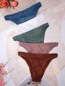 5pcs/Pack Plus Size Women's Sexy Basic Solid Color Comfortable Knit Low-Waist Soft Thong Panties, Suitable For All Seasons Daily Wear - Multicolor - View 2
