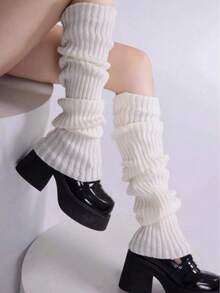 1 Pair Women Solid Color Knitted Leg Warmers, Warm & Elastic Vertical Striped Leg Socks, Cute Y2K Style, Suitable For Spring, Autumn, Winter, Daily Casual & Festival Wear - White - View 3
