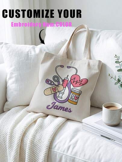 1 pieza Bolso de lona con bordado de texto personalizable, compatible con agregar nombre/texto personal para crear un artículo exclusivo, patrón único (foto, paisaje, ilustración), plegable, gran capacidad, ligero, de moda, bolso personalizado, bolso de hombro, bolso de compras casual