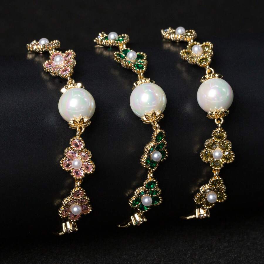 1 chiếc vòng tay thời trang nữ có thể điều chỉnh, thiết kế hoa năm cánh đính đá Zirconia và ngọc trai, thanh lịch và phù hợp để đeo hàng ngày, dự lễ hội, hẹn hò và làm quà tặng.