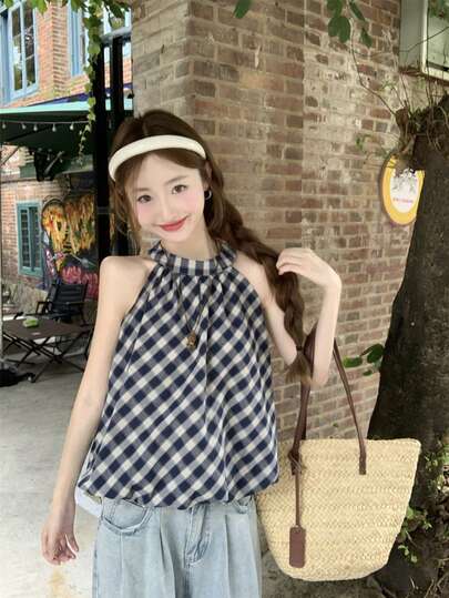 Vintage Plaid Floral Bud Sleeveless Halter Neck Slim Fit Camisole Top