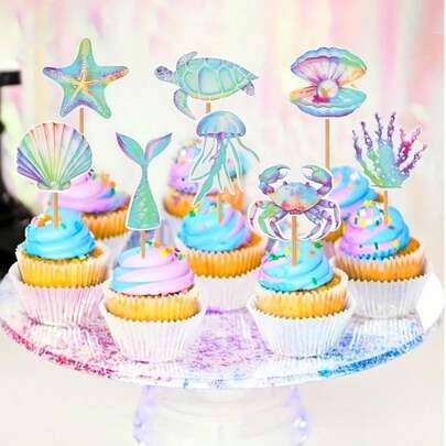 16pcs Mermaid Cupcake Decorations, Mermaid Theme Decor Selection, Mermaid Theme Birthday Party Decor, Cupcake Toppers, Seaweed Shell Turtle Starfish Fish Tail Cupcake Decor, Suitable For Underwater Party, Birthday Party Supplies, Mermaid Theme Cake Decorations
