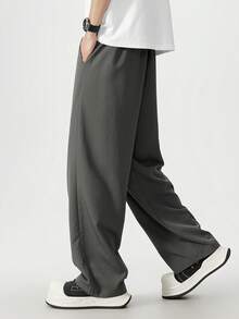 Plus Size Gray Casual Pants, Men's Loose Slimming Drawstring Draping Linen Straight Leg Trousers - Grey - View 4