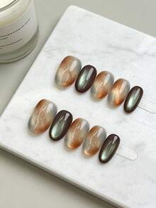 10 miếng dán móng tay thủ công, móng giả mắt mèo màu hổ phách sang trọng kiểu Nhật Bản, miếng dán nghệ thuật móng tay cao cấp có thể tái sử dụng dành cho nữ. - Nhiều màu - Xem 3
