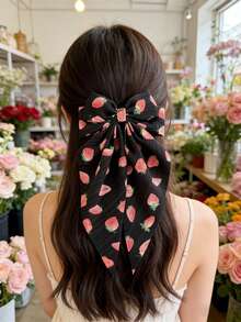 2pcs[Spring/Summer]Women's Sweet Elegant Fruit Element Fabric Strawberry Print Bowknot Elastic Hair Clips, Suitable For Vacation, Daily Outings, Hair Decoration Accessories, Bohemian Elegant,Holiday,Travel - Multicolor - View 6
