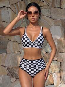 Casual Checkered Two-Tone Swimwear Set With Tie Back, Vacation - Black and White - View 1