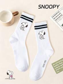 1/5 Pasang Kaos Kaki Pria Setinggi Betis Motif SNOOPY Asli, Kaos Kaki Olahraga Garis Ganda, Desain Kartun Lucu, Kaos Kaki Pria SNOOPY Unik - MultiWarna - View 10