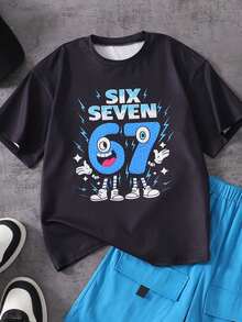 8-12 Years Old Boys' Street Style Outfit, Black Cartoon Digital Print Short Sleeve Tee + Light Blue Multi-Pocket Cargo Shorts, Breathable Soft Wrinkle-Resistant, Suitable For School, Outdoor Play, Weekend Outings - Blue - View 8