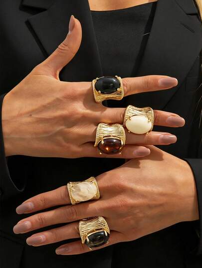 1pc Vintage Fashionable Striped Metal Wrapped Inlaid Geometric Oval Faux Gemstone Resin Open Ring, Luxurious Elegant For Casual, Party, Date, Vacation, Wedding, Women's Holiday Birthday Versatile Jewelry Gift