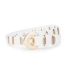 1条几何图案休闲朋克风PU皮腰带，无扣椭圆形孔眼时尚腰带，适合所有季节 - 白色 - 查看 6