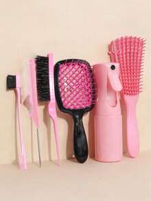 3件套/5件套/6件套卷发梳套装，干湿两用，适合自然卷发，包含喷雾瓶、蓬松梳、尖尾梳、边缘梳（适合粗细发质，可用于修边和倒梳），美发造型工具（粉色、紫色、黑色）美发工具套装 - 粉色 - 查看 1