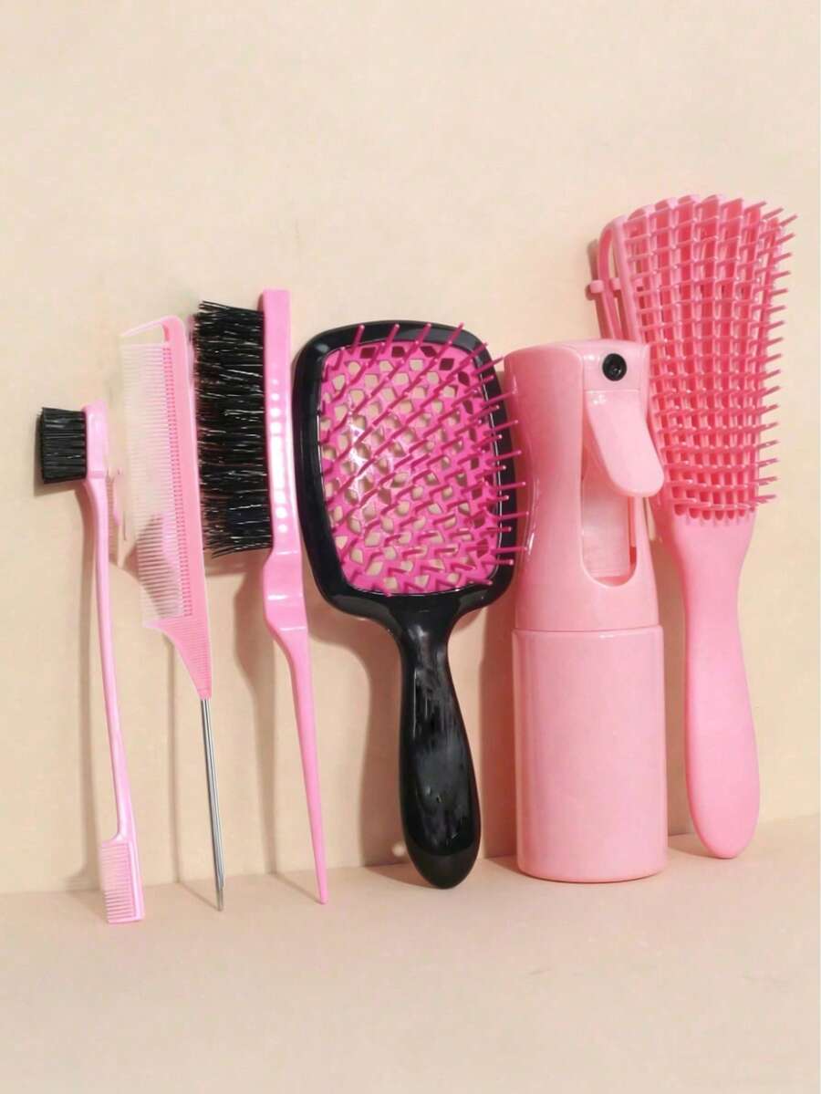 3件套/5件套/6件套卷发梳套装，干湿两用，适合自然卷发，包含喷雾瓶、蓬松梳、尖尾梳、边缘梳（适合粗细发质，可用于修边和倒梳），美发造型工具（粉色、紫色、黑色）美发工具套装 - 粉色 - 查看 1