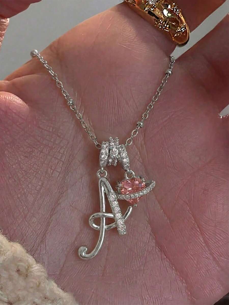 1件极简主义Y2K立方氧化锆粉色心形宝石个性化手写字母吊坠项链，不锈钢材质，时尚休闲，个性化定制，送给女友、妈妈的独特礼物，复古简约，可爱俏皮，可定制 - 銀色 - 查看 1