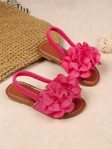 1 par de sandálias rasteiras pretas de tecido macio com estampa floral, bico redondo, elásticas, ideais para meninas de 3 a 12 anos, perfeitas para uso casual, praia, férias e verão de 2026. - Rosa Quente - Ver 1