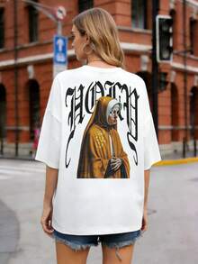Camiseta streetwear oversize de manga corta y cuello redondo de manga corta y escote redondo de manga corta para mujer en blanco Glitch Abstract Estampado 100% de algodón | Conjuntos de verano, conjuntos de festivales de música, ropa rave - Blanco - Ver 3
