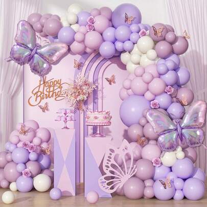 127pcs Pink & Purple Butterfly Balloon Arch Kit. These Beige Balloons Paired With Lavender-Grey Latex Are Perfect For Party Decor, Suitable For Themed Birthday Parties, Baby Showers, Christenings, Princess Birthday Parties, Weddings, Bridal Shower Parties, And Other Decorative Purposes.