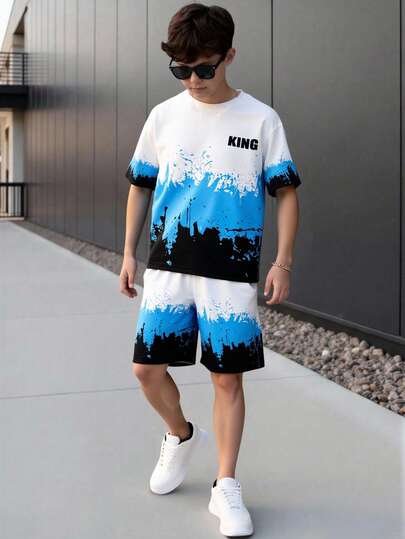 Bộ áo thun ngắn tay và quần short in chữ phối màu tương phản, kiểu dáng thường ngày, dành cho bé trai, thích hợp cho mùa xuân/hè.