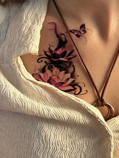 وشم مؤقت ملون قطعة واحدة، تصميم وردة بنفسجية وفراشة، 3.54*2.76 بوصة، إيحاءات رومانسية أنيقة وغامضة، مناسب للذراعين والخصر والصدر وأجزاء الجسم الأخرى، مثالي للملابس الصيفية والعطلات والأعياد والحفلات والنوادي، مقاوم للماء، طويل الأمد