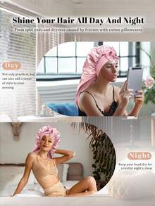 Set de 2 gorros de dormir de satén rosa/negro con cordón, adecuados para cabello largo, trenzas, moños desordenados, cabello rizado, gorro de dormir de satén, gorro de dormir con lazo de satén, para verano, playa, sombrero - Multicolor - Ver 4