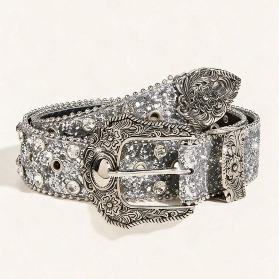 1pc Women's Western Cowgirl Style Rhinestone Embellished Y2K Waist Belt, Suitable For Daily, Party And Gathering - Silver - View 1