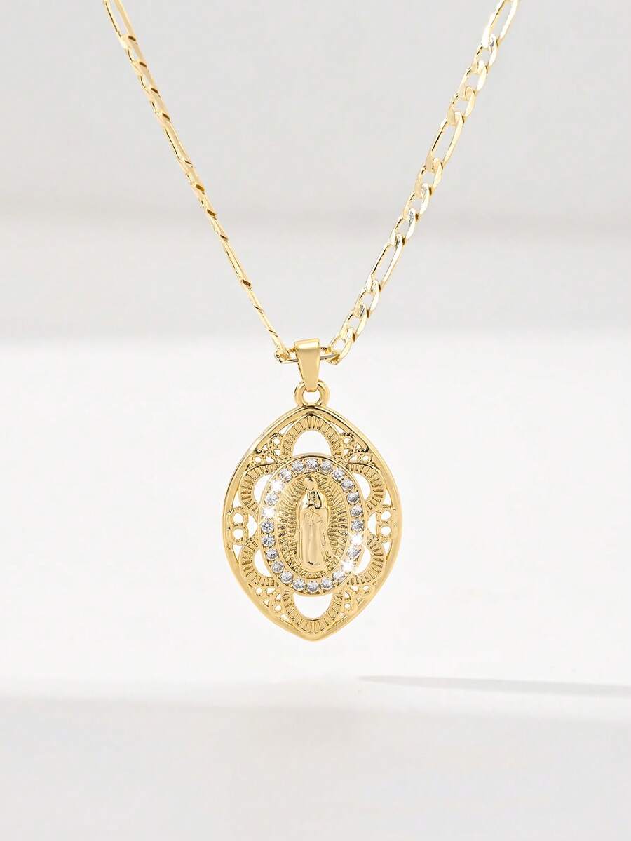 1 pieza Collar con colgante de la Virgen de Guadalupe de estilo vintage con incrustaciones de cobre y circonita, edición limitada, adecuado para regalos de Navidad/Acción de Gracias/Halloween/Día de la Madre/Día de San Valentín para parejas/amigos/padrinos, Primera Comunión Católica, uso diario y festivo, oración - Amarillo Oro - Ver 1