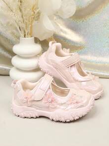 Giày thể thao Mary Jane lưới màu hồng họa tiết hoa cho bé gái, giày thể thao đế dày có khóa dán cho trẻ em, giày công chúa thoáng khí mùa hè cho bé gái. - Hồng - Xem 1