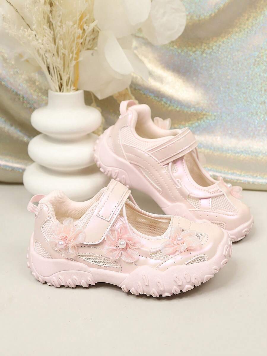 Giày thể thao Mary Jane lưới màu hồng họa tiết hoa cho bé gái, giày thể thao đế dày có khóa dán cho trẻ em, giày công chúa thoáng khí mùa hè cho bé gái. - Hồng - Xem 1