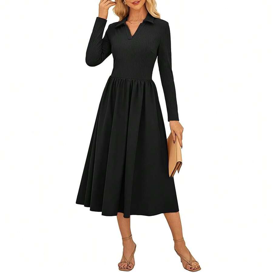 Kasin Women's Fall Long Sleeve Midi Dress 2025 Casual Polo V Neck Ribbed Knit A Line Flowy Work Dresses With Pockets - 黑色 - 查看 1