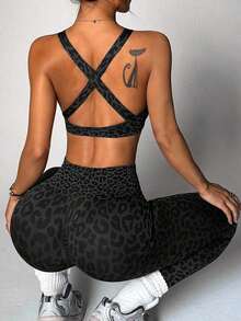 1 Set Women Leopard Print Twist Cross Yoga Running Fitness Exercise Sports Bra And Leggings Suit Workout Sets - 多色 3 - 查看 6