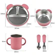 5 PIEZAS Juego de alimentación personalizado para bebé - Plato de acero inoxidable con 3 secciones y funda de silicona grabado, taza a juego, tazón y utensilios con mango de silicona - Multicolor - Ver 6