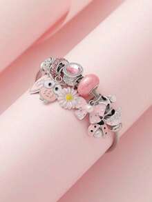 1 chiếc vòng tay bằng thép không gỉ đính hạt hình cú mèo, hoa cúc, nơ, bọ rùa và trái tim dễ thương, vòng tay DIY hình trái tim và ngôi sao sáng tạo, phù hợp cho nữ, dự tiệc, đeo hàng ngày, quà tặng ngày lễ. - Nhiều màu - Xem 12