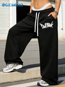 GEMCHO 女士抽绳腰宽松阔腿休闲运动裤，带口袋，针织面料略带弹性，适合休闲、跑步、慢跑、健身等场合。 - 黑色 - 查看 4