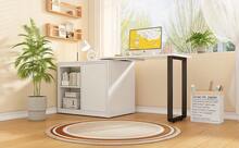 This 2-In-1 Folding Desk And Bed Features A Metal Frame And Legs, A 4cm Thick Mattress, Wheels, A Single Wardrobe With Two Storage Compartments, And Is White. - White - View 5