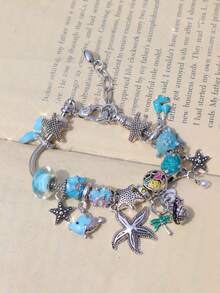 1pc Beach Vacation Style Charm Bracelet, Starfish, Shell, Marine Life Bracelet, Turtle, Coconut Tree Ocean Style Bracelet, Pink Sakura Flower Bracelet - Pink - View 9