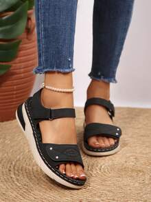 Sandal Wanita Model Wedges Musim Panas Terbaru 2026, Nyaman, Dapat Diatur, dengan Perekat Velcro, Anti Selip, Sol Lembut, Sandal Kasual untuk Berjalan, Ukuran Besar Serbaguna - Hitam - View 4