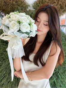 1件乡村风新娘捧花，婚礼花束，人造玫瑰，伴娘礼物，求婚，婚礼摄影 - 彩色 - 查看 3