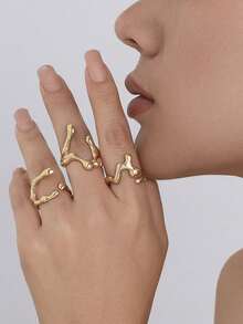 Bộ nhẫn hở tối giản bất đối xứng làm từ đá dung nham, thiết kế vòng cung rỗng độc đáo. - Nhẫn thiết kế cong rỗng - Xem 6