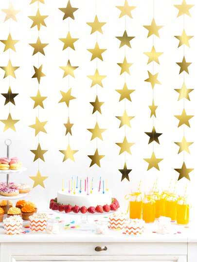 6pcs Gold Star Garland - Shiny Gold Star Garland Banner, Double-Sided Hanging Star Banner Backdrop, Small Paper Star Hanging Decor, Suitable For Mother's Day, Graduation, Birthday, Engagement, Wedding Party Decor, Classroom Party, Bachelorette Party, Home Decor