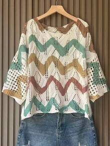 Women's Casual Vacation Style Colorblock Zigzag Print Open Knit Flare Sleeve Loose Sweater, Spring/Summer - Green - View 5