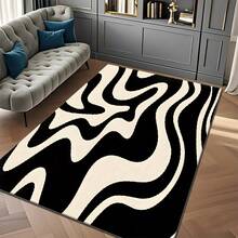 Luxurious Black And White Zebra Stripe Rug - Large Rectangular Black And White Abstract Wave Pattern Carpet, Soft Texture, Machine Washable, Available In Black, Beige, Brown For Living Room, Bedroom, Hallway, Large Sizes Available, Modern Decor, High-Quality Fabric Base, Multifunctional Home Accessory, Pet-Friendly, Indoor Designer - 簡約款 - 查看 4