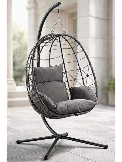 Folding Hanging Chair INCLUDES WEATHERPROOF COVER - Outdoor And Indoor Rattan Weave Swing Chair Hammock - Hanging Chair (With Cushion)