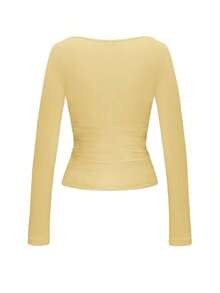 Vaiaye Women's Spring-Summer Sexy Fitted Long Sleeve Knit Top, Solid Color Square Neck T-Shirt, Casual & Versatile,Minimalist Casual Daily Wear - 黃色 - 查看 4