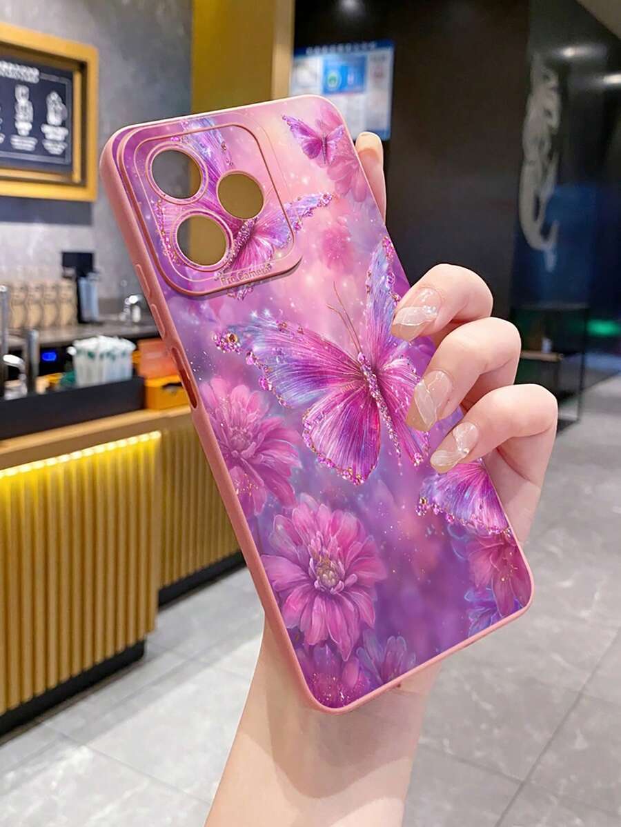 1 Peça Capa de Telefone à Prova de Choque com Padrão de Borboleta e Peônia, Impressão UV Compatível com iPhone, /Galaxy, Versão Internacional, Não a Versão Doméstica - Rosa chiclete - Visão 1