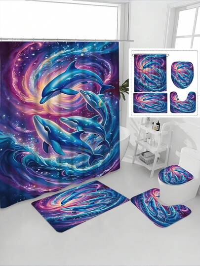 4件套海豚畅游海洋印花防水浴室帘套装，宁静舒缓，防水防霉，加厚涤纶材质，免打孔安装，防滑浴垫，吸水马桶垫，数码印花，不易褪色，可机洗，四季皆宜，节日限量版