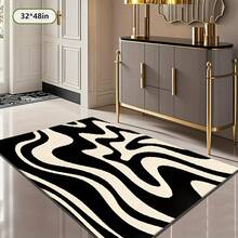 Luxurious Black And White Zebra Stripe Rug - Large Rectangular Black And White Abstract Wave Pattern Carpet, Soft Texture, Machine Washable, Available In Black, Beige, Brown For Living Room, Bedroom, Hallway, Large Sizes Available, Modern Decor, High-Quality Fabric Base, Multifunctional Home Accessory, Pet-Friendly, Indoor Designer - 簡約款 - 查看 7