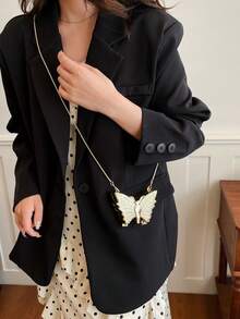 迷你时尚蝴蝶造型金属镜面耳机包，小众设计装饰多功能手提包，带链条单肩斜挎包 - 金色 - 查看 5