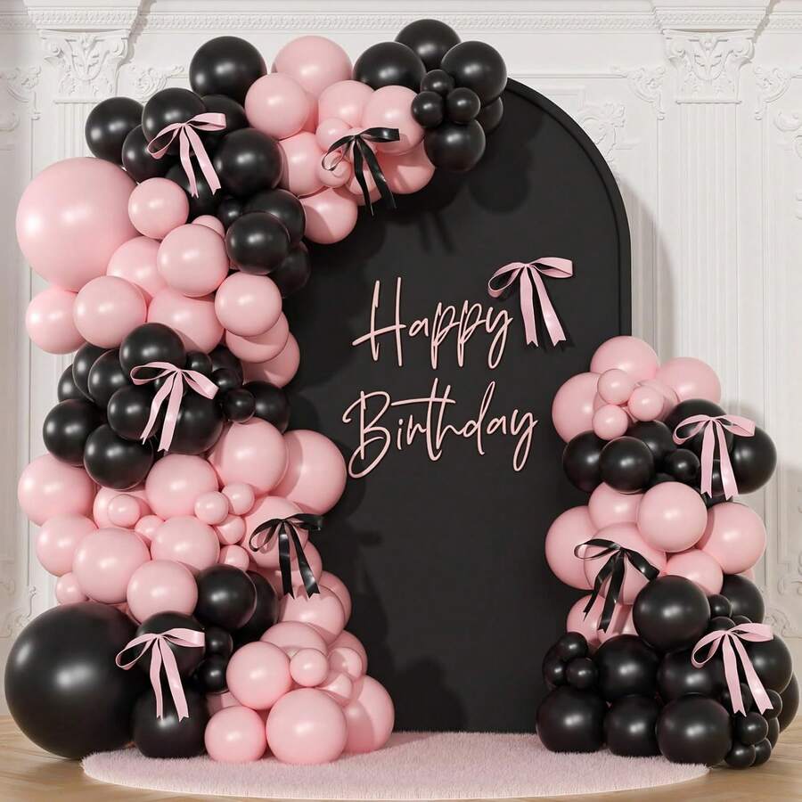 Pink & Black Balloon Arch Kit, Includes 18", 10", 5" Different Size Balloons And Bows, Suitable For Birthday, Wedding, Baby Shower, Bridal Shower And Other Party Decorations - Bow Theme - View 1