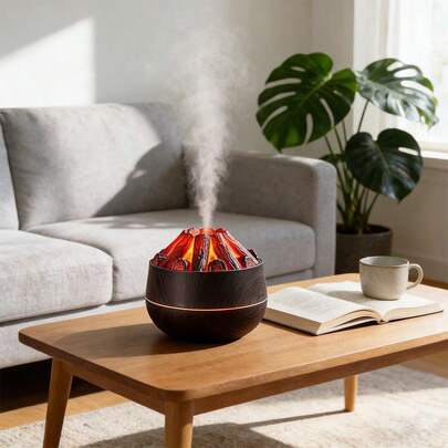 300ml Humidificador y difusor de aromas portátil de plástico con iluminación 3D de lava volcánica, USB silencioso, 2 colores de grano de madera, humidificador de niebla fría adecuado para dormitorio, hogar, oficina